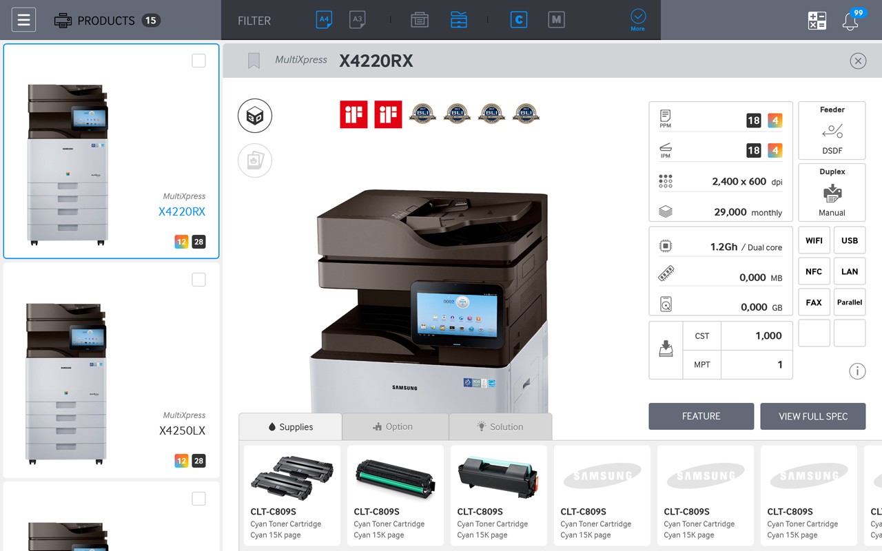 프린터 제품 카탈로그 화면이다. 상단에는 “PRODUCTS”와 필터 메뉴가 있고, 선택된 모델은 “MultiXpress X4220RX”로 표시되어 있다. 중앙에는 해당 복합기 제품 이미지가 크게 보이며, 오른쪽에는 출력 속도(PPM/IPM), 해상도(2,400×600 dpi), 월 최대 출력량, 프로세서, 메모리, 연결 방식(WiFi, USB, LAN 등) 등의 주요 사양이 정리되어 있다. 하단에는 토너 카트리지 등 소모품 목록이 카드 형태로 나열되어 있다.