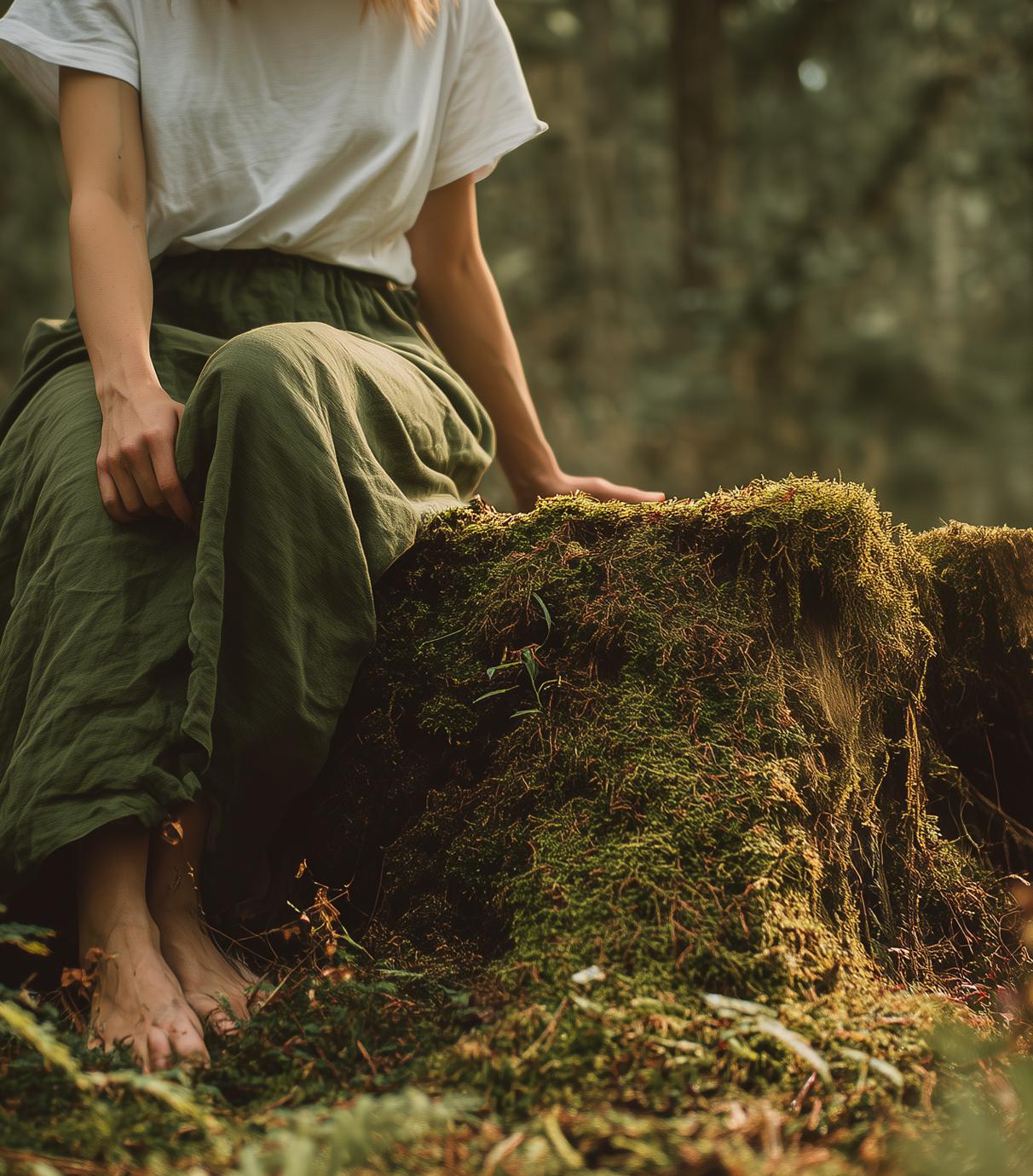 흰색 반발 티셔츠에 초록계열 바지를 입은 한 사람이 나무 그루터기에 앉아 있습니다.