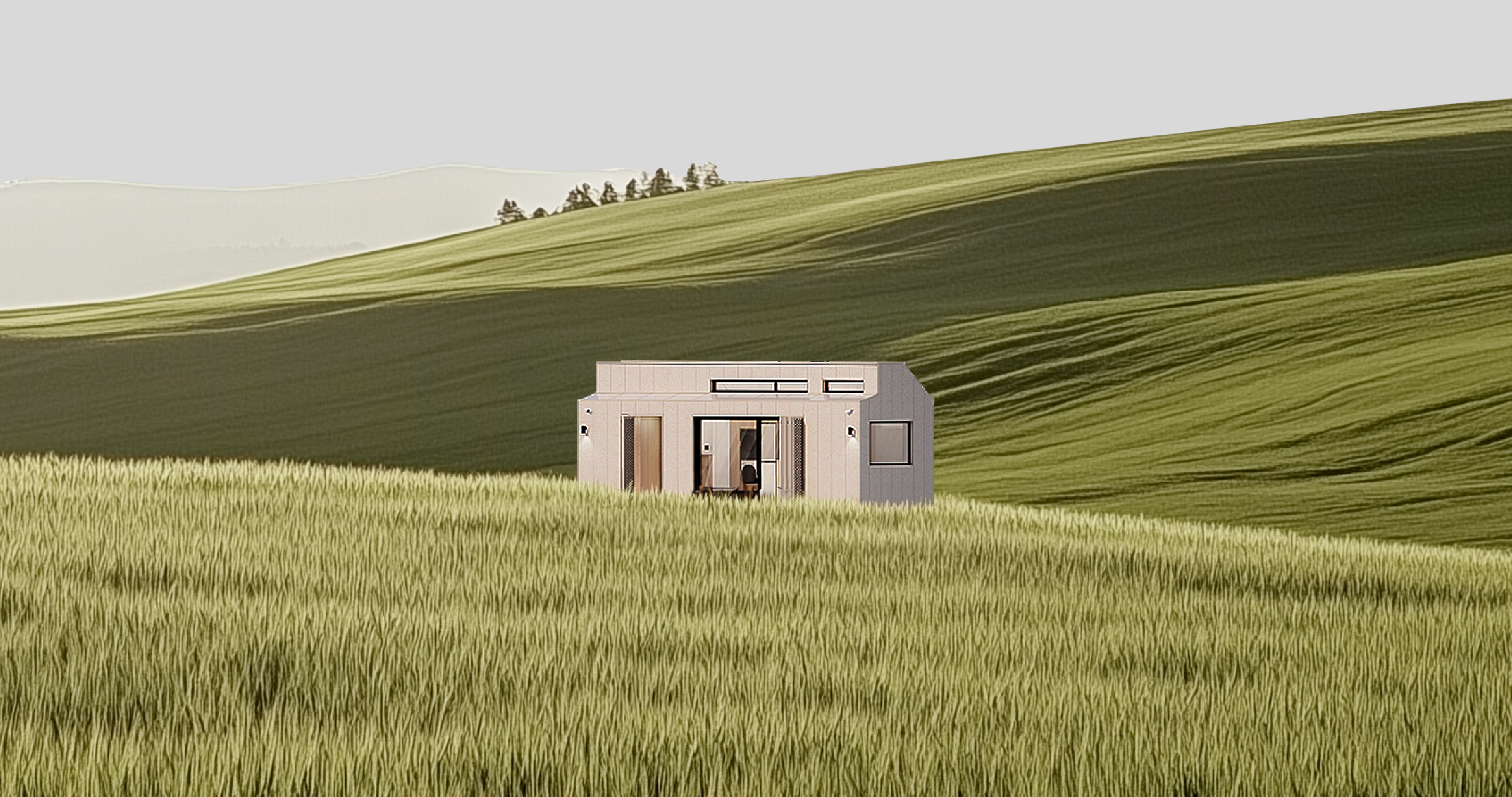 넓은 초원과 구릉 지형 한가운데에 스마트코티지 한 채가 자리한 모습