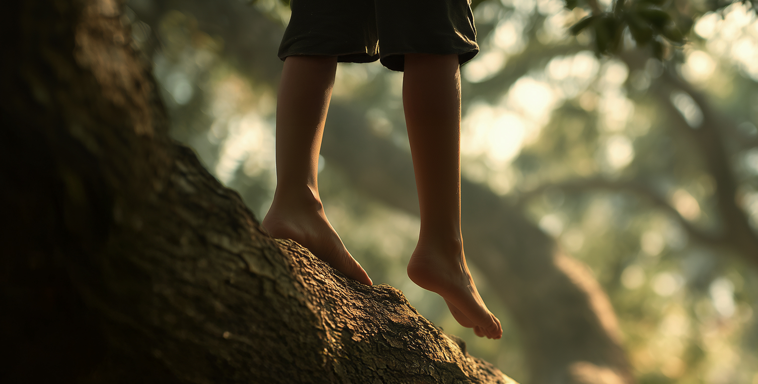 숲속에서 맨발로 나무 위를 조심스럽게 걷는 사람의 다리를 클로즈업한 사진입니다.