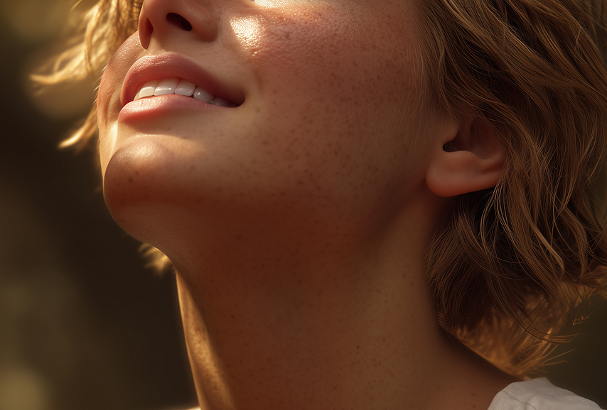 한 소년이 미소를 지으며 햇살이 내려오는 하늘 쪽올려다보고 있습니다.