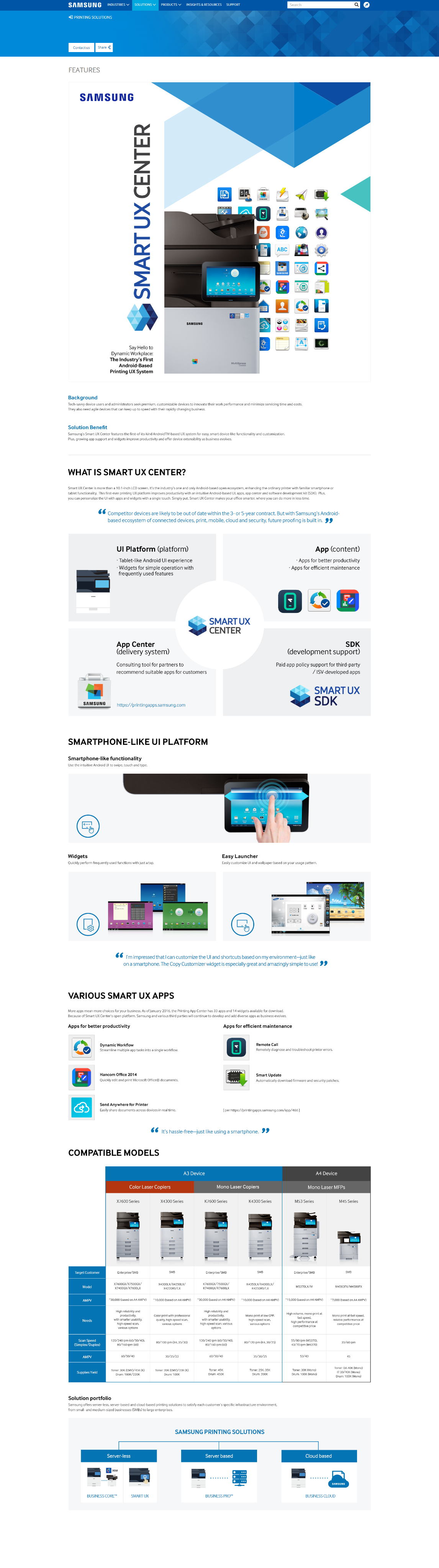삼성 웹페이지 화면으로, 상단에는 파란색 네비게이션 바와 “SAMSUNG” 로고가 보인다. 본문에는 “SMART UX CENTER”라는 제목과 함께 복합기 프린터 이미지와 다양한 앱 아이콘이 배치되어 있다. 아래로는 기능 소개, UI 플랫폼과 앱 구성도, 스마트폰과 유사한 인터페이스 설명, 다양한 스마트 UX 앱 소개, 호환 모델 표, 그리고 프린팅 솔루션 구성 등이 섹션별로 정리되어 있다.