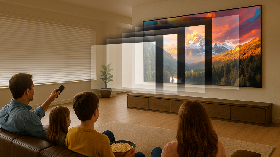 거실에서 가족이 대형 TV 화면을 리모컨으로 조작하는 모습