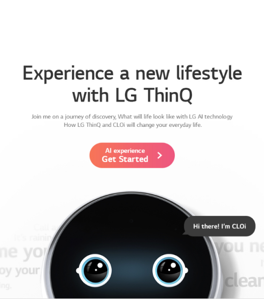 “Experience a new lifestyle with LG ThinQ” 문구와 CLOi 캐릭터가 표시된 화면