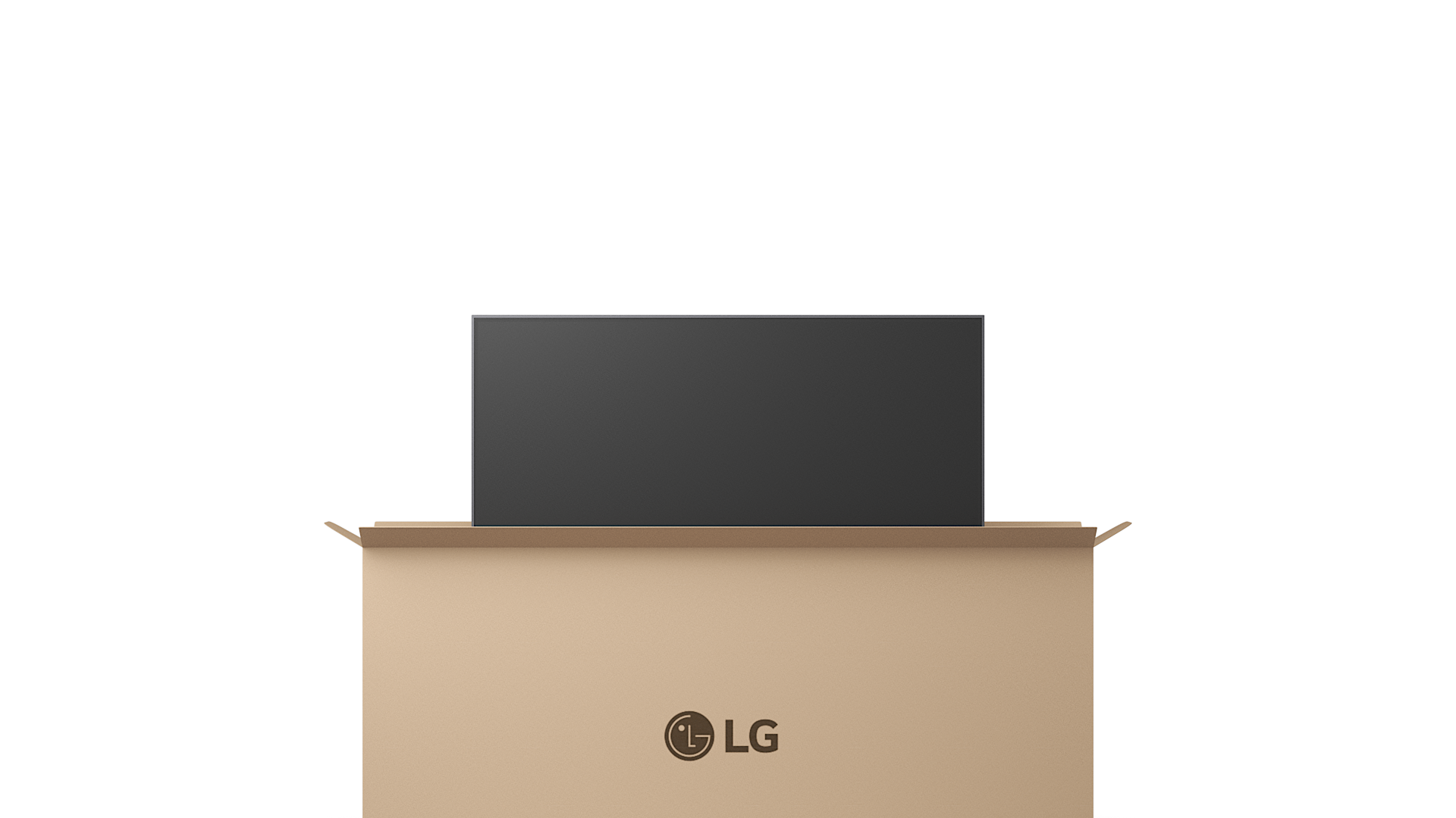 LG 로고가 인쇄된 박스 위쪽으로 디스플레이가 꺼내지고 있습니다.